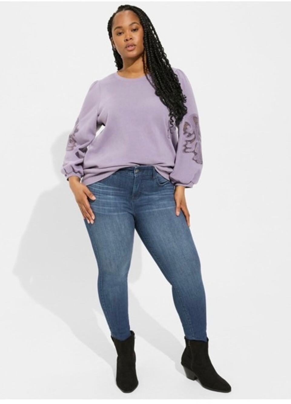 Torrid Cozy Fleece Crew Neck Crochet Sleeve Sweatshirt Dusty Purple Plus 1X